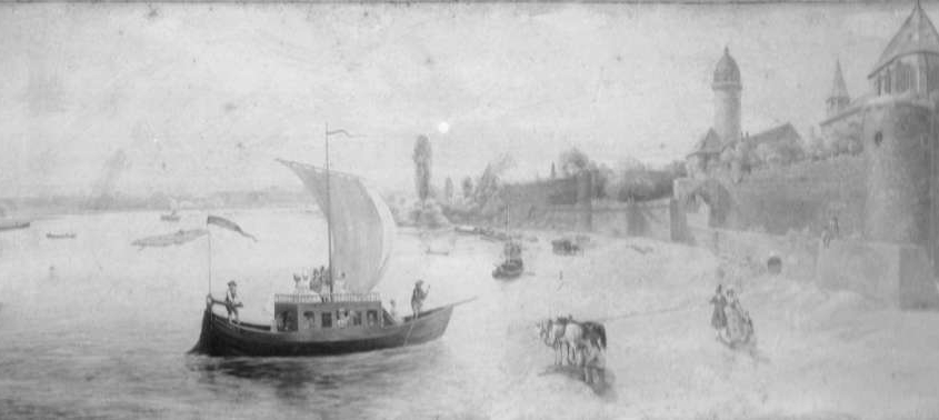 Ankunft eines Marktschiffes in Höchst am Main, geschätzt 1850. Vermutlich geschaffen von August Gottschalk.
