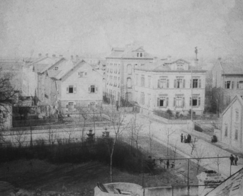 Der „Horstmann'sche Garten“ im nördlichen Stadtgraben, vor der Umwandlung zum Höchster Marktplatz im Jahr 1923. Aufnahme vor 1890.